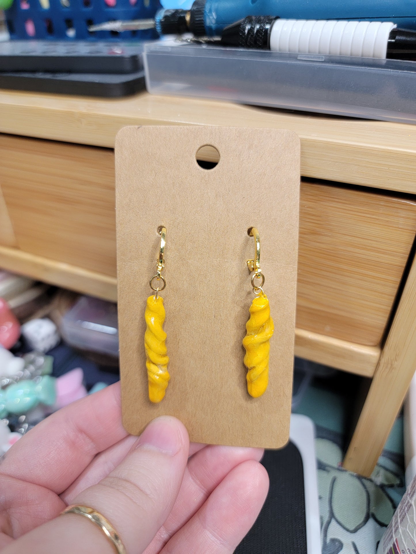 handmade rotini pasta noodle earrings