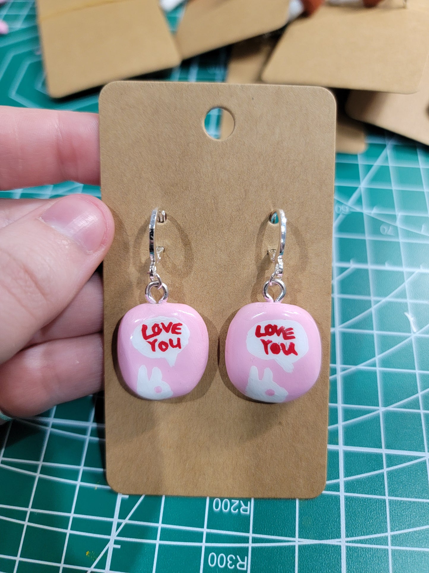 handmade love you! text bubble earrings