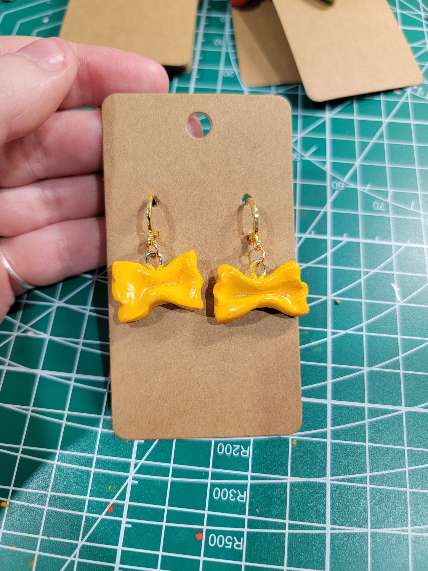 handmade bowtie pasta earrings