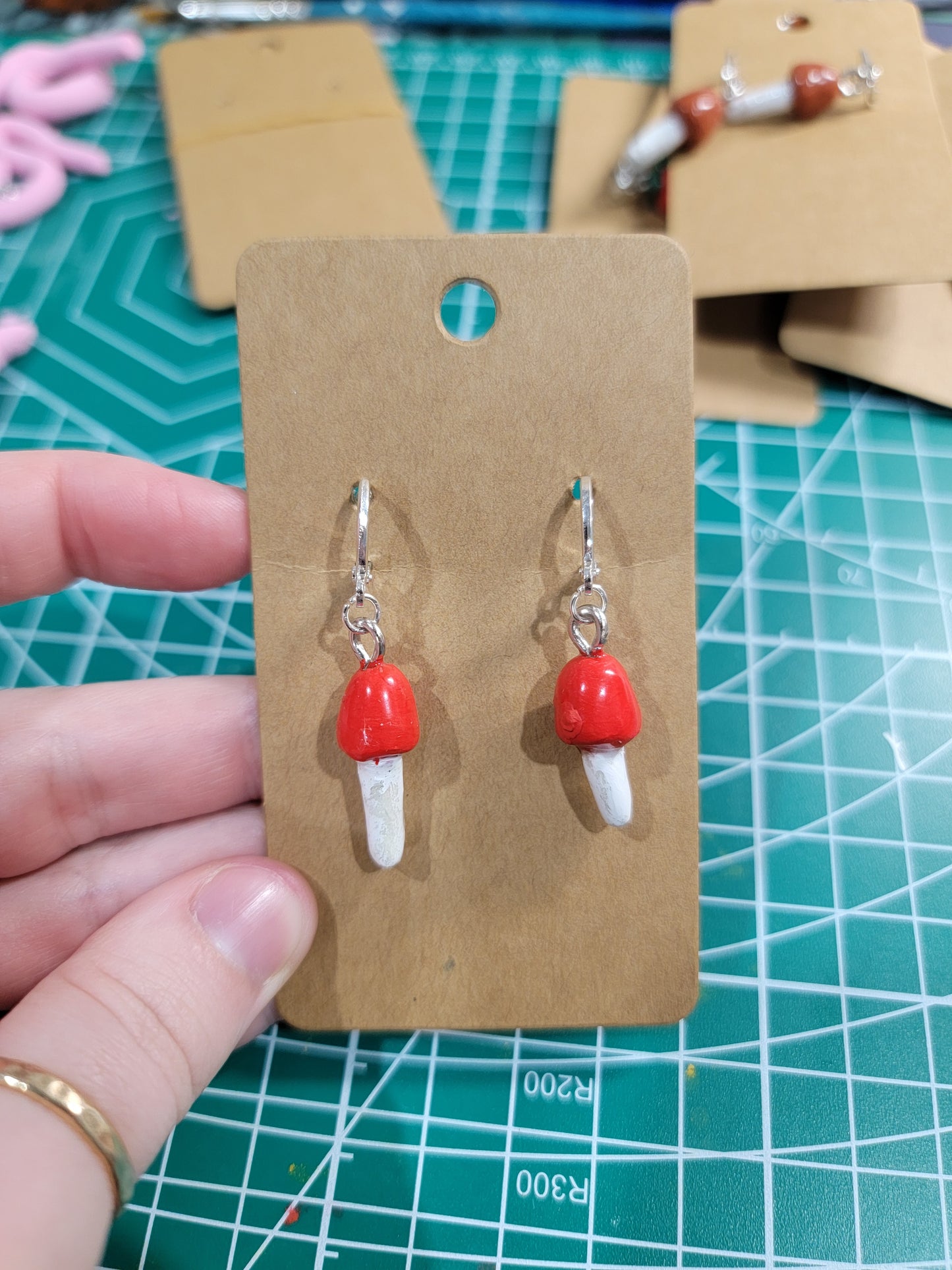 handmade red mushroom earrings